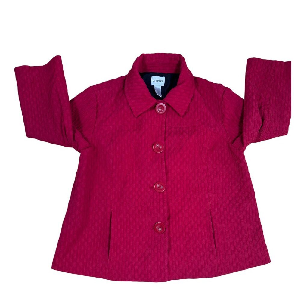Chico’s Red Quilted Crop Blazer Jacket Size 1 Small Lined Button-Up Coat - Picture 3 of 7